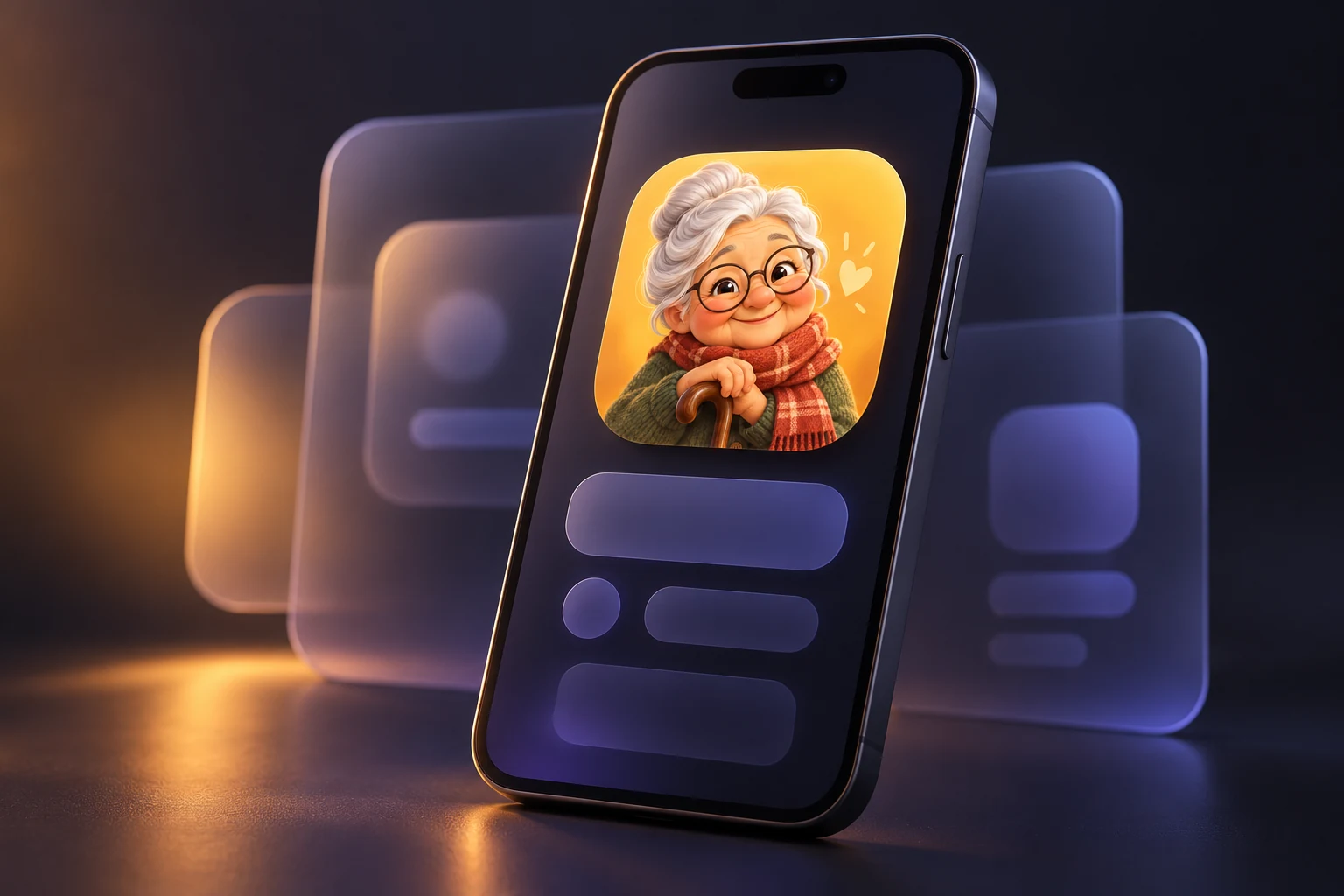 A softly lit phone with Mummo’s smiling grandmother mascot, surrounded by glimpses of violet app panels.